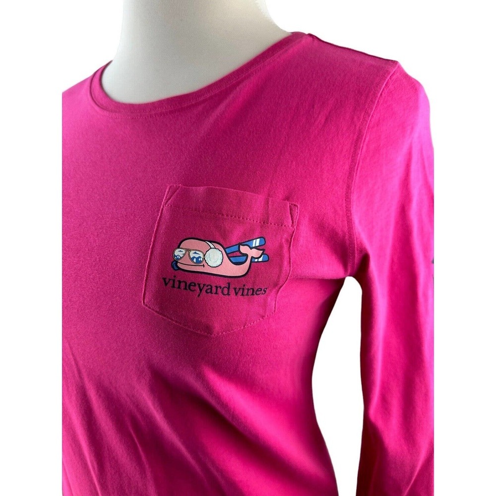 Vineyard Vines Long Sleeve Snow Bunny Whale Pocket Tee Pink Shirt Women's Small - Picture 12 of 14